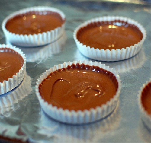 how to make vegan peanut butter cups: filling shallow molds with melted chocolate