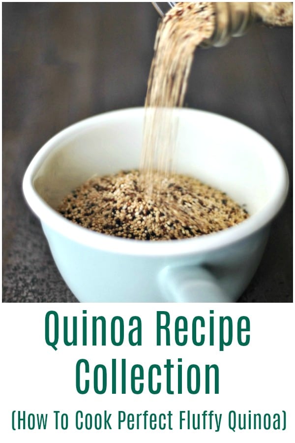 dry quinoa being poured into a small, light blue pot. text "quinoa recipe collection, how to cook quinoa" below image.