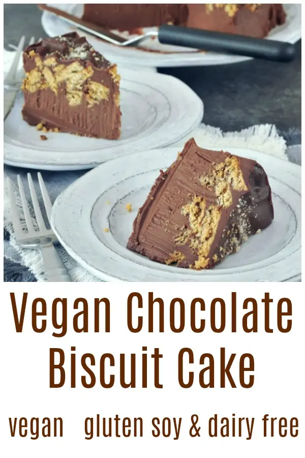 two slices of chocolate biscuit cake on plates, full cake on larger serving plate next to them.