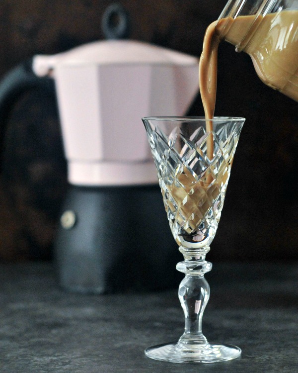 Homemade Irish Cream Liqueur poured into a crystal glass