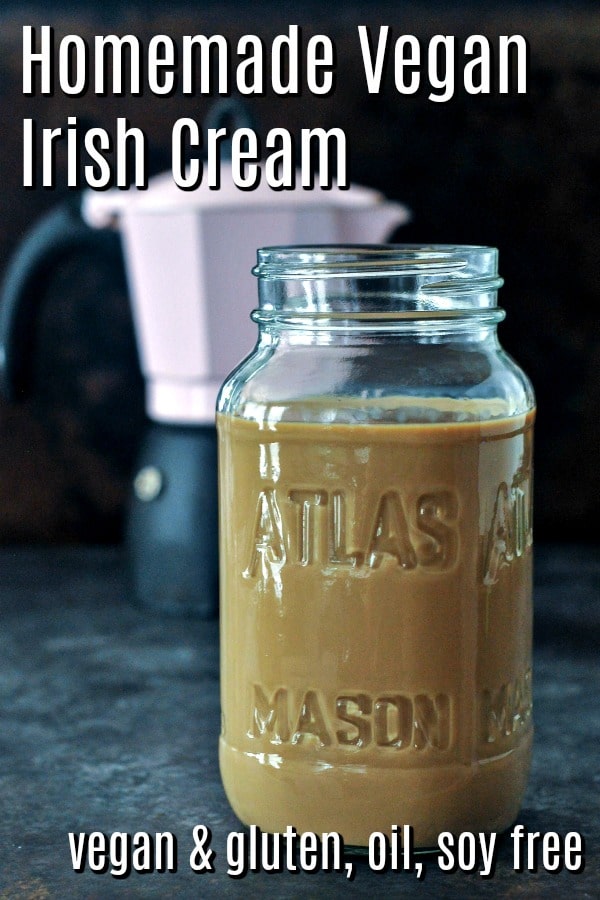 Homemade Vegan Irish Cream in a mason jar. espresso pot in background