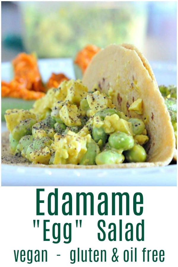 Edamame Egg Salad in a soft taco shell: yellow mustard tofu, green edamame
