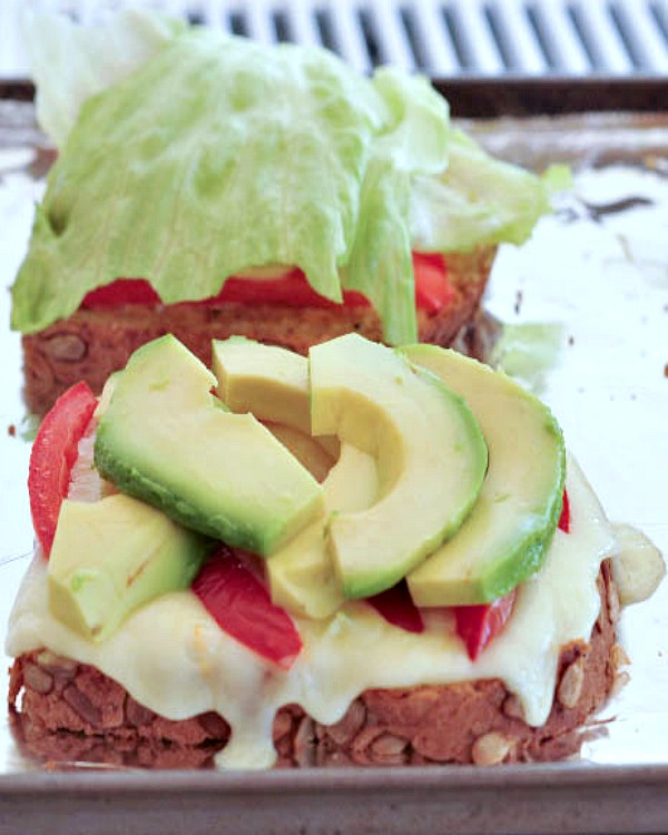 Grilled Cheese Sandwich with avocado, tomatoes, lettuce, open faced warm from the oven