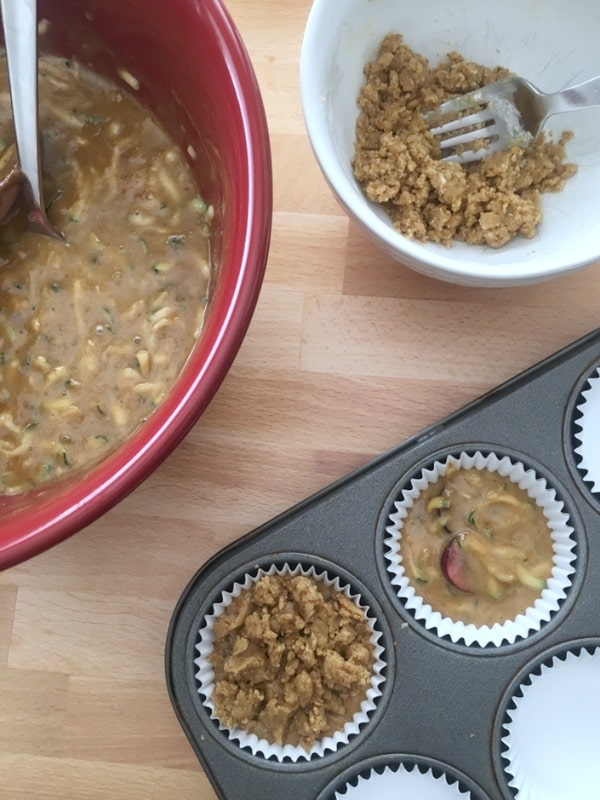How To Make Gluten Free Zucchini Muffins: bowl of batter, batter scooped into muffin tins, crumb topping on top