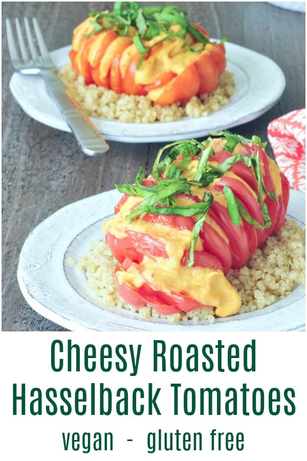 Cheesy Roasted Hasselback Tomatoes - how to hasselback - bright red tomato sliced hasselback style, with melty cheese and fresh chopped basil, served over quinoa