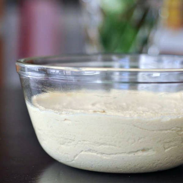 vegan brie cheese recipe fermenting in a large glass bowl