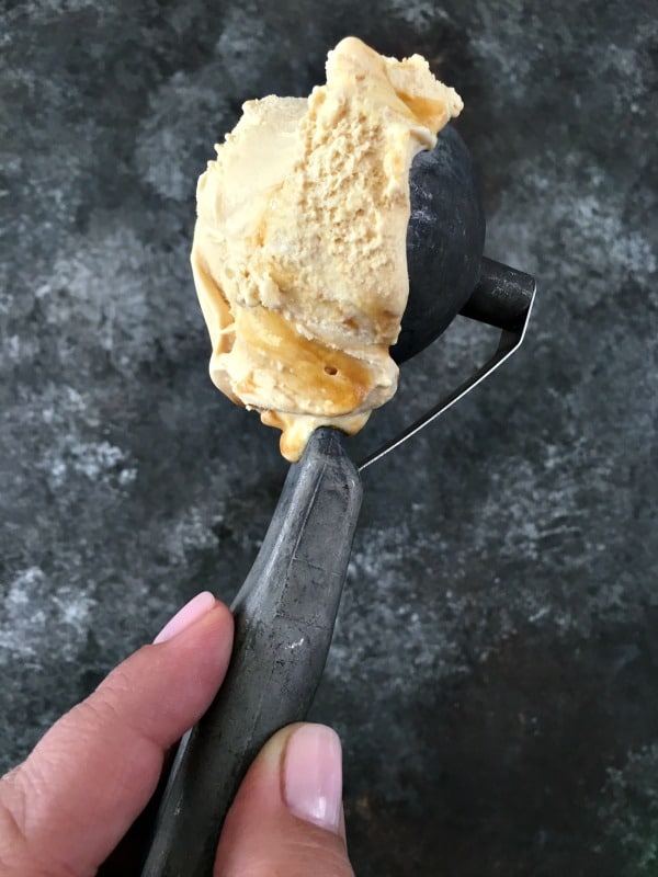 tan colored ginger maple miso ice cream on a scoop