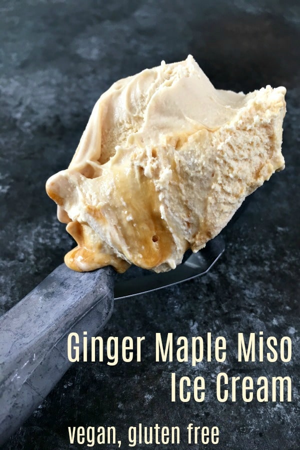 tan colored ginger maple miso ice cream in a bowl on a scoop