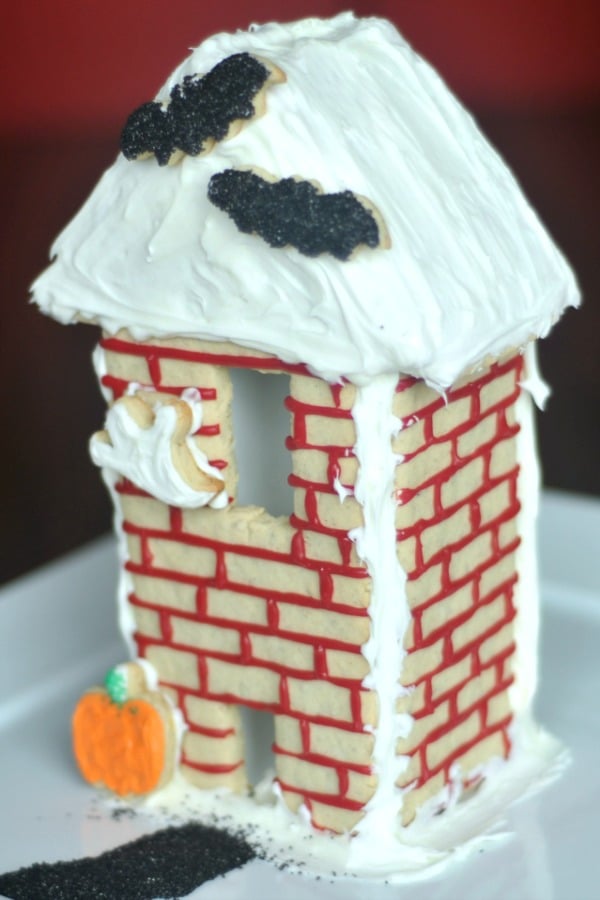 a Halloween themed cookie house, including bat, ghost, and pumpkin shaped cookies 