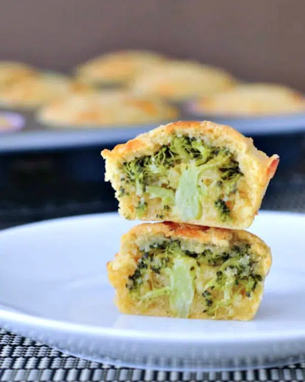 corn muffins with a tree of broccoli hidden inside (muffin cut in half to show broccoli)