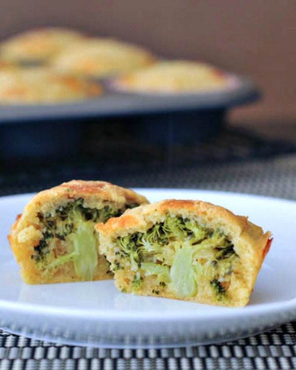 corn muffins with a tree of broccoli hidden inside (muffin cut in half to show broccoli)