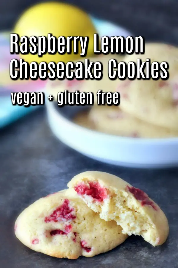 Raspberry Lemon Cheesecake Cookies on a plate, fresh lemon in background