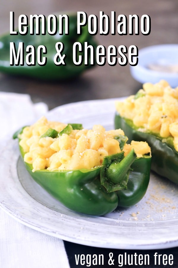 Lemon Poblano Mac and Cheese served in a hollowed out poblano pepper half