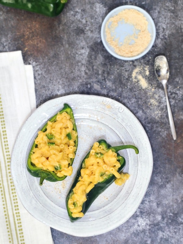 overhead view of Lemon Poblano Mac and Cheese served in a hollowed out poblano pepper half