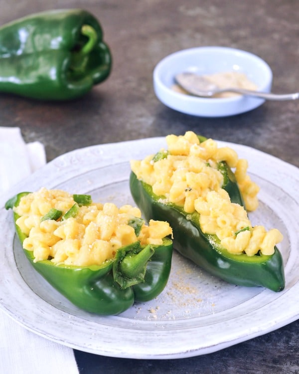 Lemon Poblano Mac and Cheese served in a hollowed out poblano pepper half