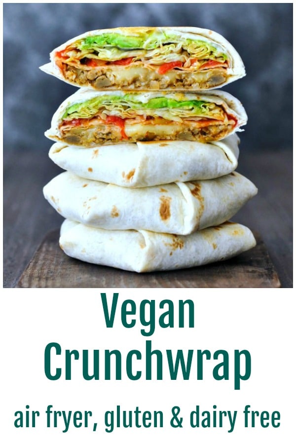 vegan crunchwrap sliced in half, stacked on more crunchwraps
