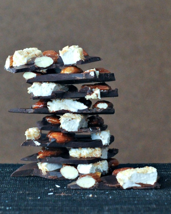 a stack of caramelized almond rocky road bark pieces