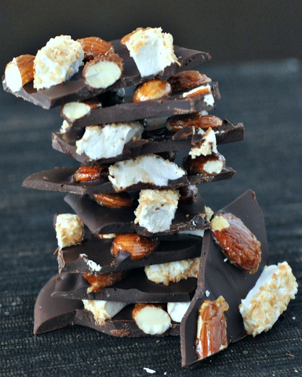 Caramelized Almond Rocky Road Bark pieces in a stack