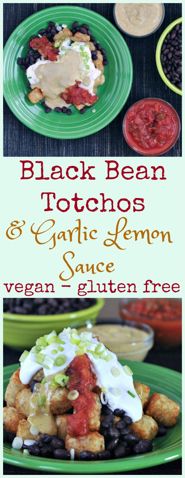 Black Bean Totchos with Garlic Lemon Sauce Air Fryer @spabettie #vegan #glutenfree #airfryer