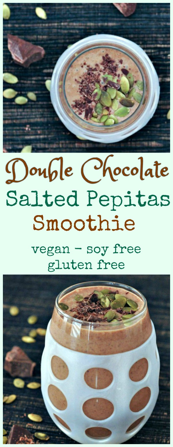 Double Chocolate Smoothie with Salted Pepitas in a glass, with pepitas and chocolate pieces scattered about