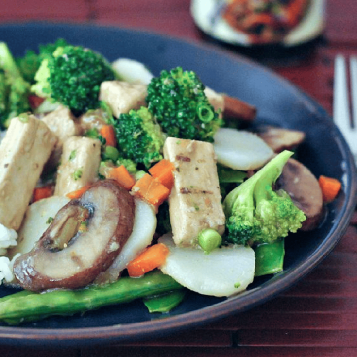 a dark blue plate of Moo Goo Gai Pan: sautéed vegan protein, sliced carrots, snap peas, broccoli trees over rice