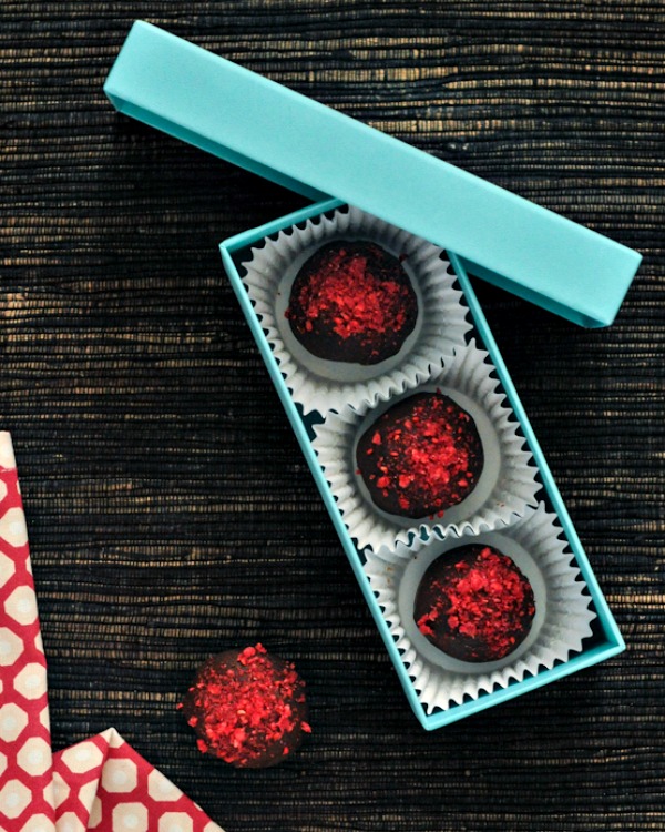 Raspberry Chocolate Brownie Truffles in a gift box