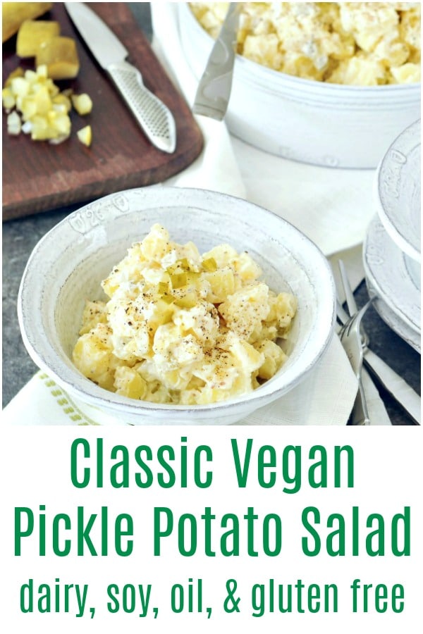 Classic Vegan Pickle Potato Salad in bowls, diced pickles with knife on cutting board