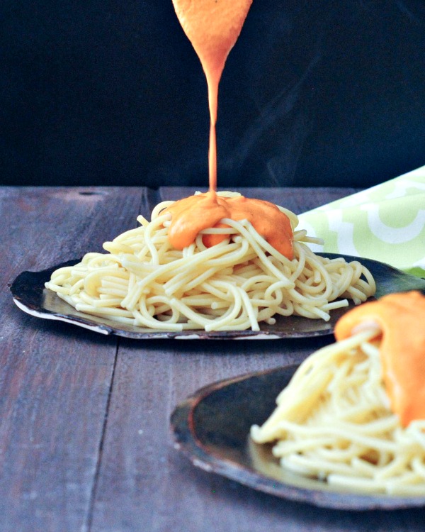 Quick and Easy Romesco Sauce Poured Over Gluten Free Noodles