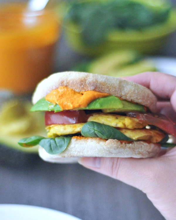 Quick and Easy Romesco Sauce in a breakfast sandwich