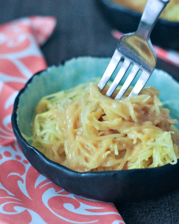 Protein Rich Chipotle Alfredo Spaghetti swirled around a fork