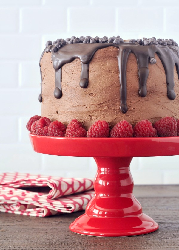 Delectably Rich Vegan Chocolate Mousse Cake on a cake stand, garnished with fresh raspberries