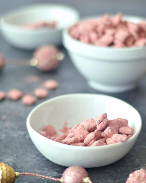 Powder Pink Strawberry Puppy Chow in bowls