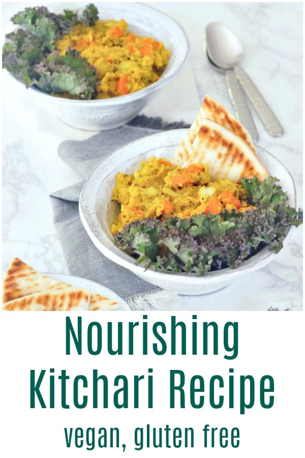 kitchari and kale in bowls with flatbread wedges. text "nourishing kitchari recipe vegan gluten free" under image.