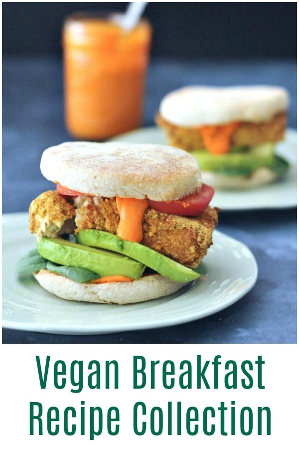 air fried tofu sandwich with avocado, tomato, spinach in an English muffin, served on a green dish