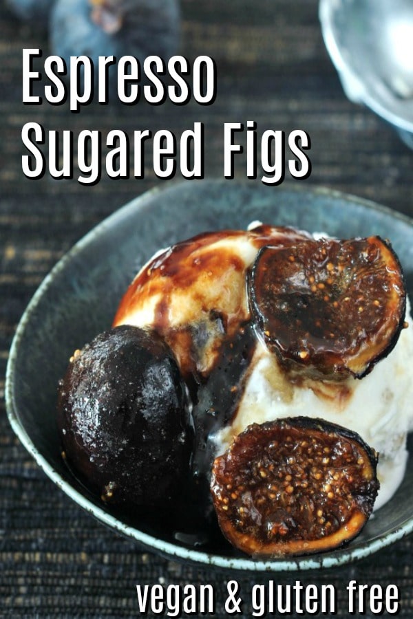Espresso sugared figs in a rustic grey bowl over ice cream