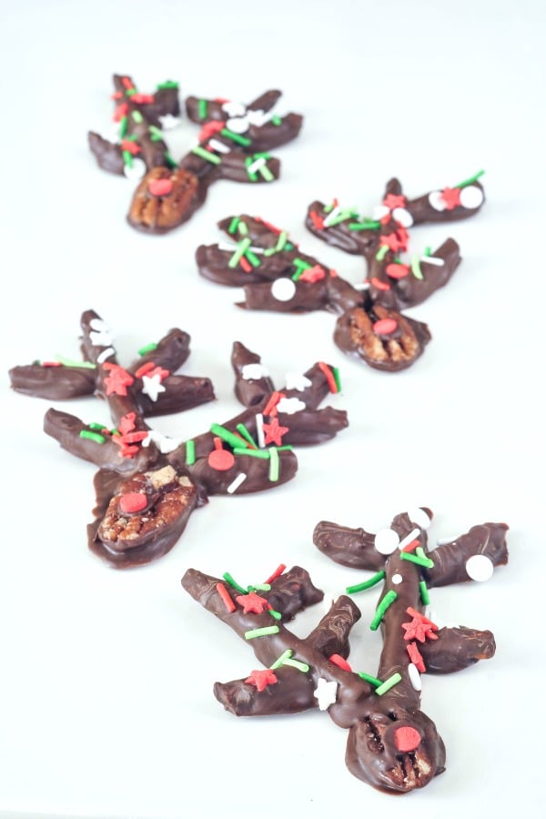 Chocolate Covered Pecan and Pretzel Reindeer on a white plate
