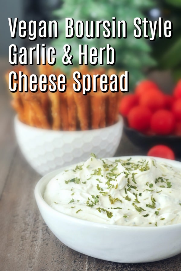 Boursin style Garlic Herb Cheese Spread in a white ceramic bowl, with pretzels and veggies to dip