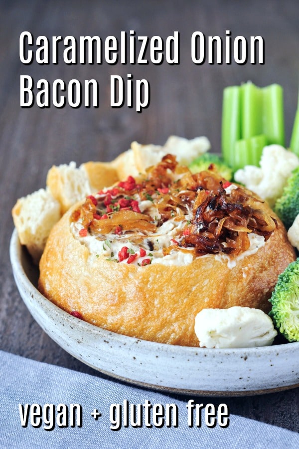 Warm Caramelized Onion Bacon Dip @spabettie #vegan #glutenfree #appetizers #comfortfood #gameday