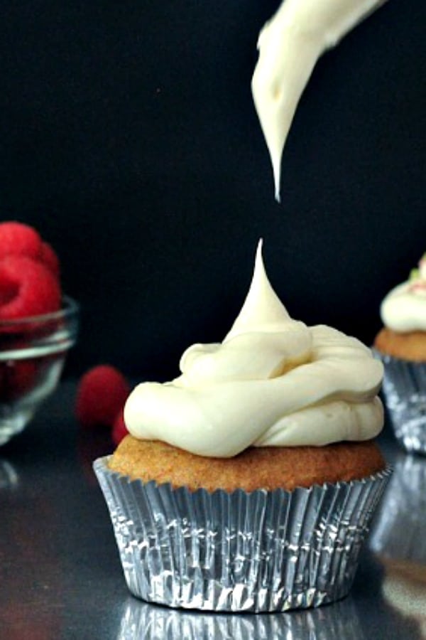 Miyoko's Vegan French Buttercream frosting piped onto a cupcake