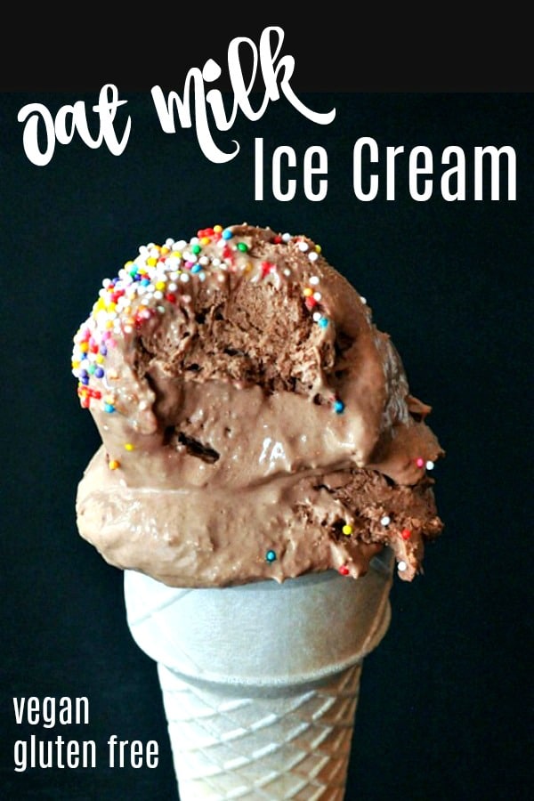 Oat Milk Ice Cream - two scoops chocolate ice cream with sprinkles in a cone, on a black background