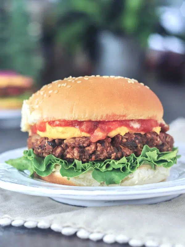 A salsa black bean burger sits on a plate on a picnic table. Burger is dressed with curly lettuce, cheese sauce, salsa, and a sesame seed bun.