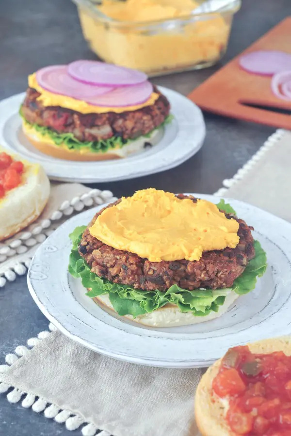 Salsa burgers sit on plates on a picnic table. Burger is dressed with curly lettuce, cheese sauce, salsa, purple onion slices and sesame seed buns.