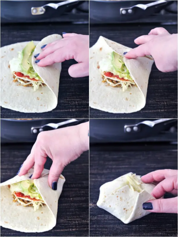 How to fold a crunchwrap: four photo collage showing the folding of a tortilla into a five sided round