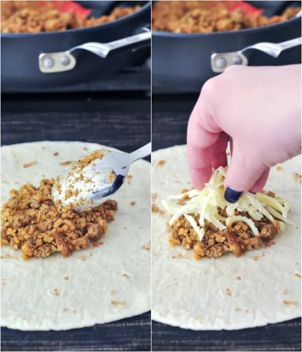 How to make a crunchwrap: spooning beans and cheese onto a tortilla