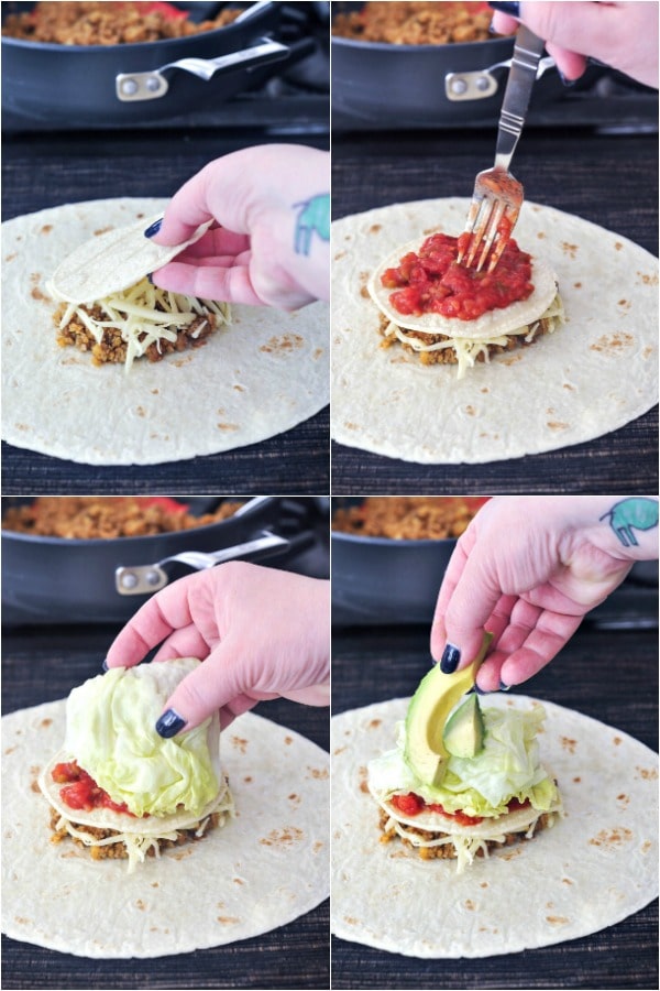 How to make a vegan crunchwrap: layering a crunchy tortilla, salsa, lettuce, and avocado