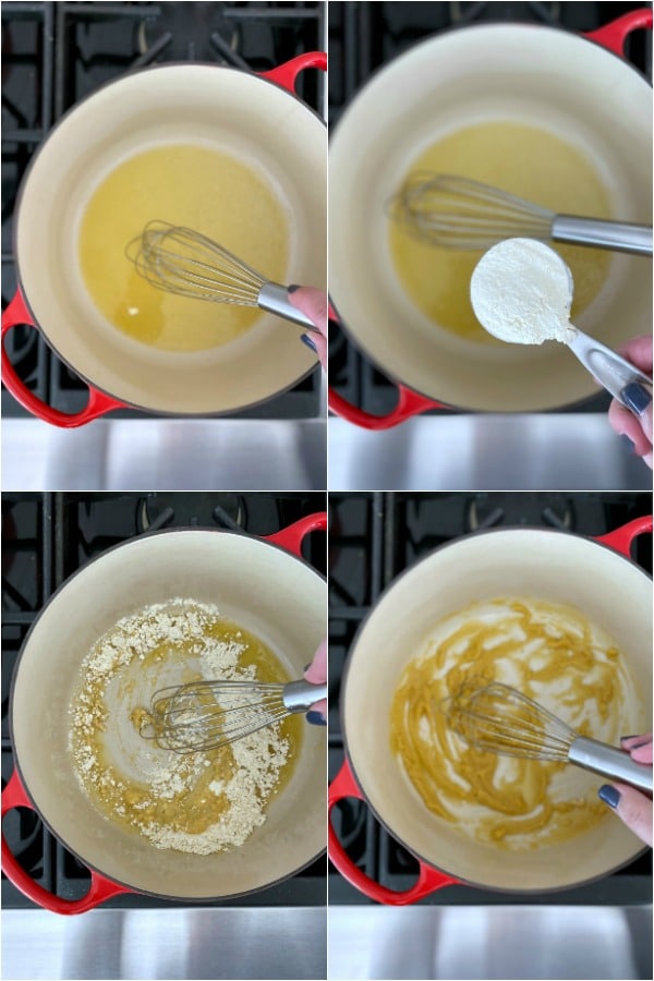 photo collage of how to make a roux - melt butter, add flour, whisk until cooked