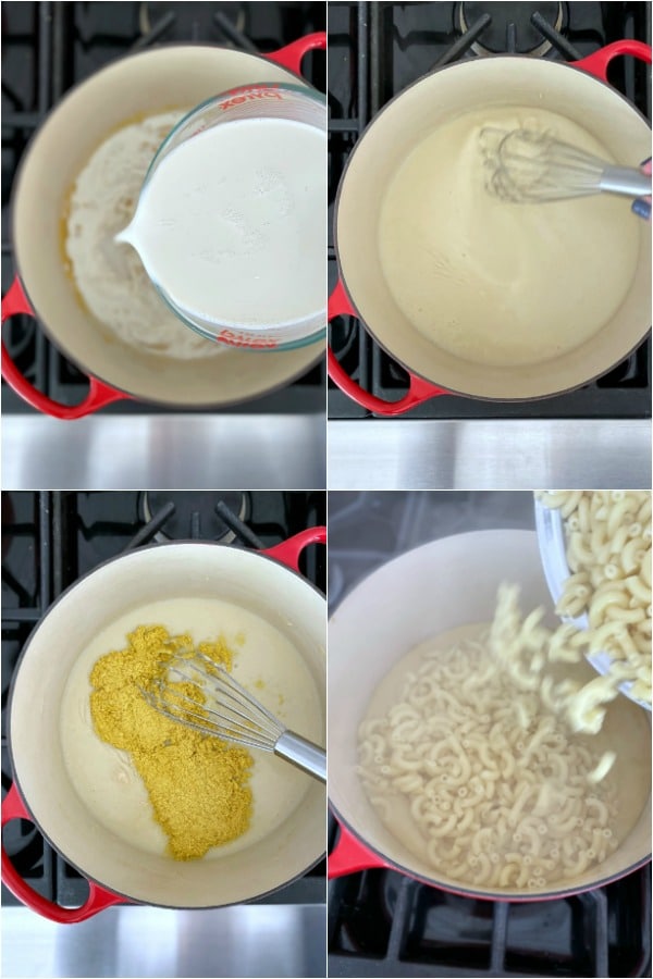 photo collage of how to make vegan mac and cheese - add milk to roux, stir until thick, add spices and cheese, add pasta