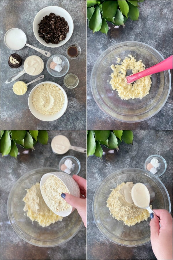 photo collage of how to make Vegan Pound Cake: all the ingredients in bowls, creaming butter and sugar, adding flour, adding yogurt