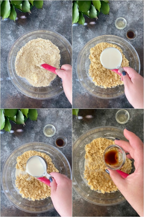 photo collage of how to make gluten free Pound Cake: mixing, adding milk, adding vanilla