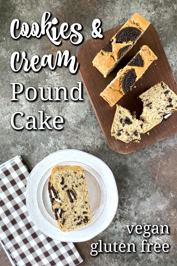 overhead view of Cookies and Cream Pound Cake: a slice on a plate, several slices on a cutting board